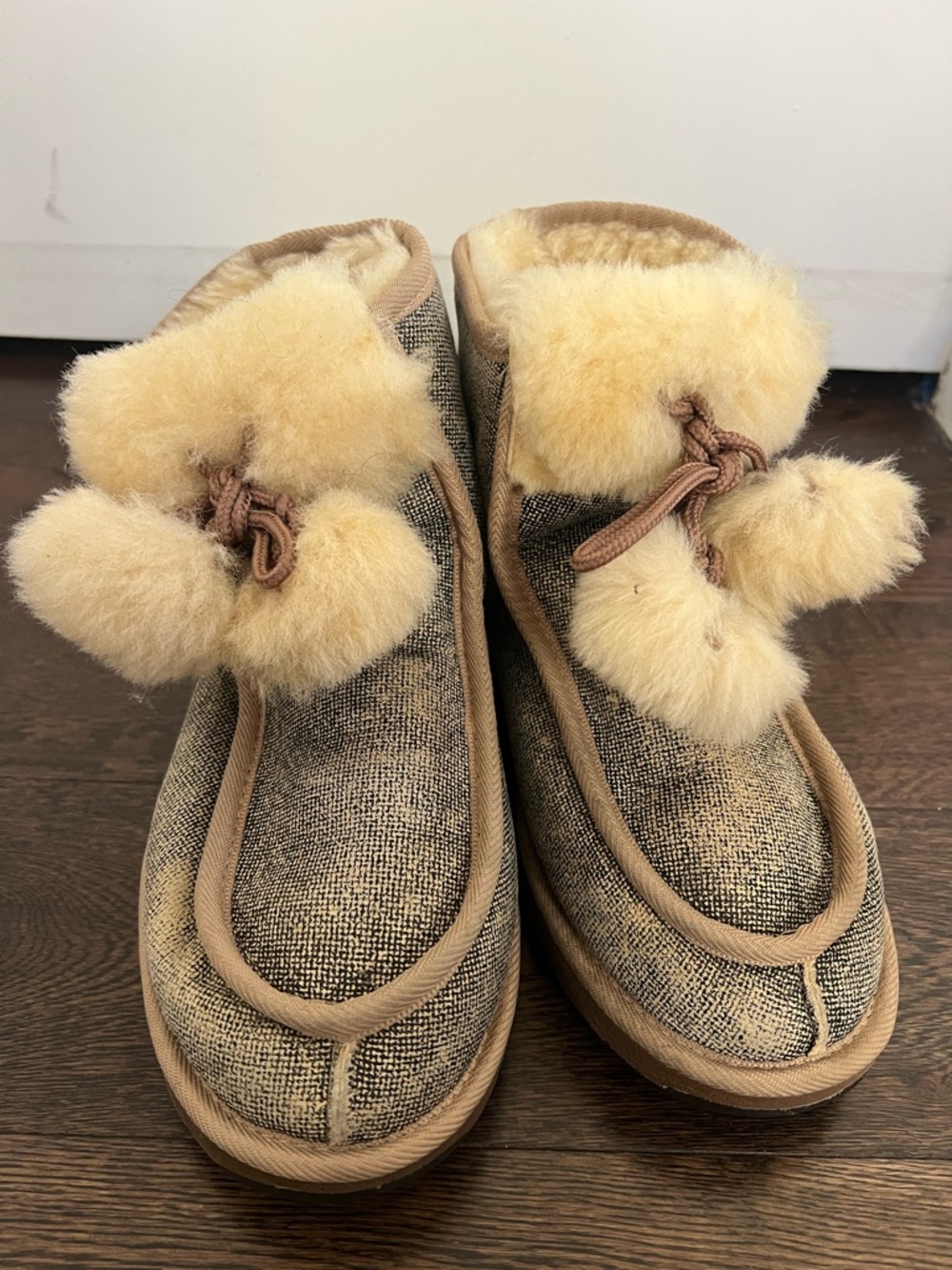UGG Beige/Tan Pom-Pom Shearling Trim Slip-Ons